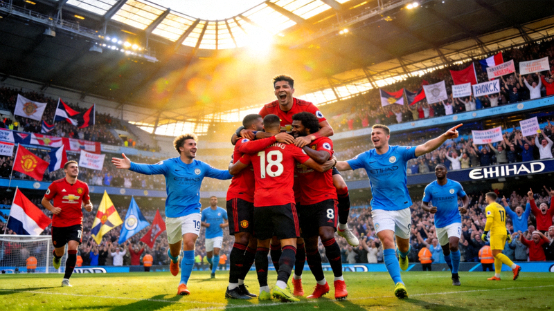 英超联赛曼彻斯特德比，球员庆祝进球场面